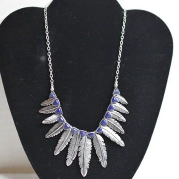 Native American Vintage Nickle Silver 18 Inch Engraved Leaf Blue Stone Necklace - Picture 1 of 4